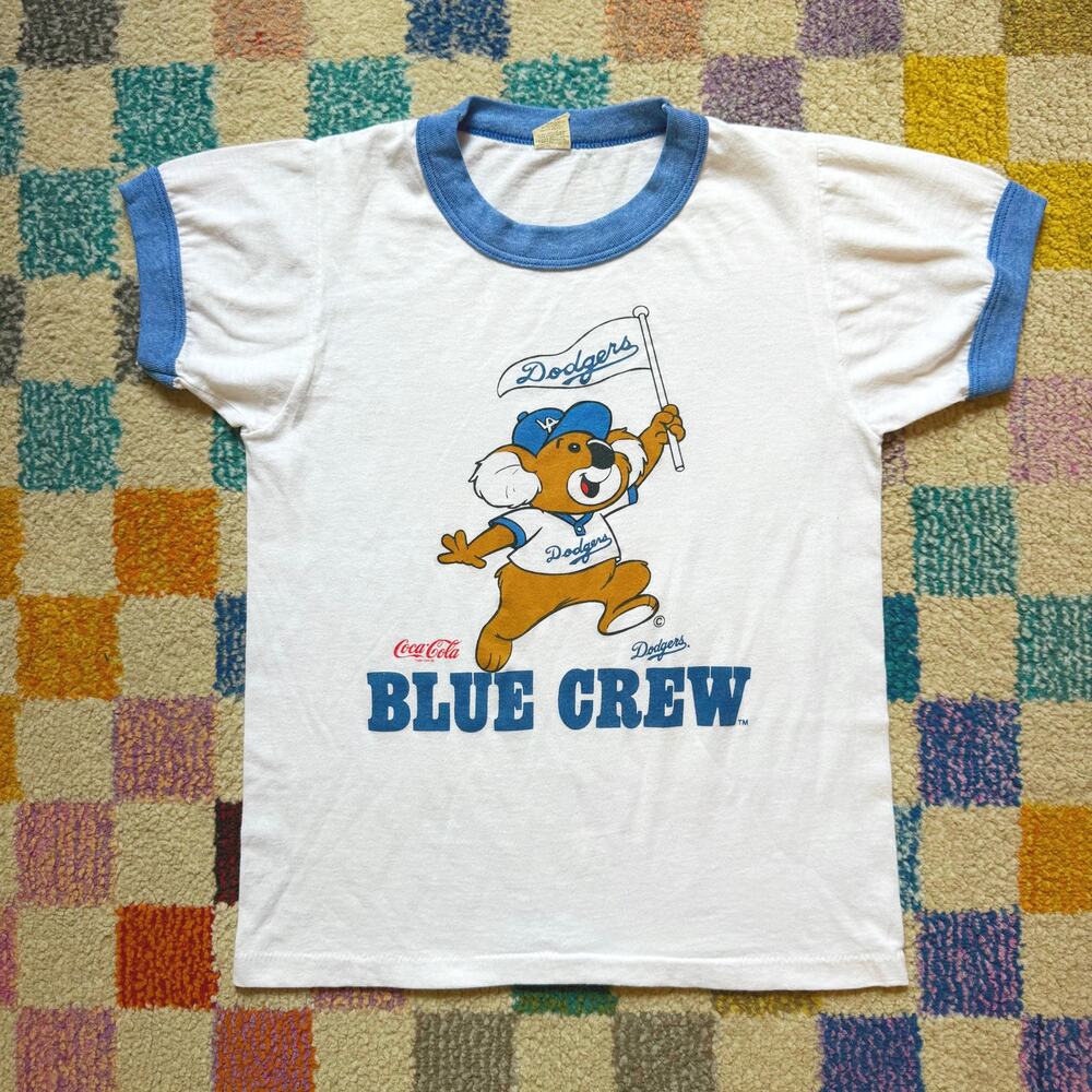 RARE Vintage 80s LA Dodgers Blue Crew Koala Coca Cola Ringer T Shirt MLB